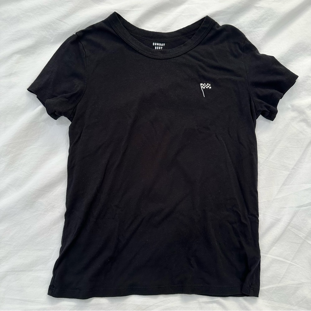 Aritzia Sunday Best Black T-shirt Embroidered Checkered Flag size M
